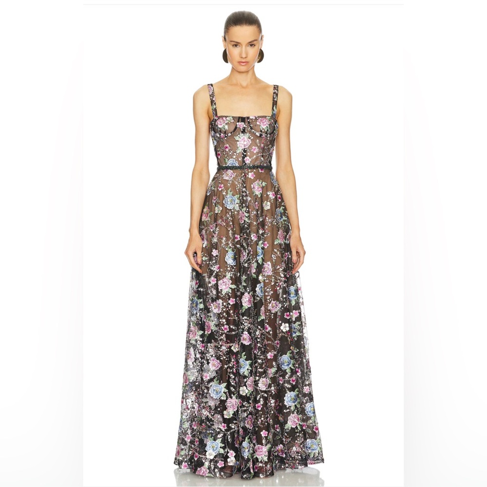 NWOT BRONX AND BANCO MIDNIGHT EMBROIDERED FLORAL GOWN - Picture 4 of 15
